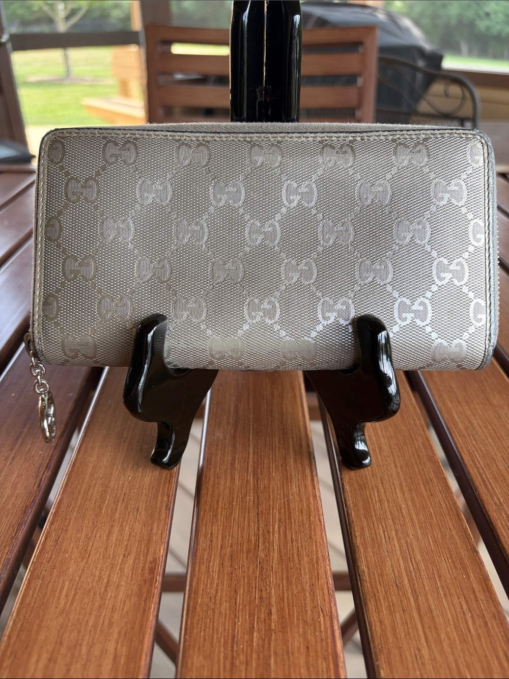 Gucci Silver GG Monogram Zip Wallet with Charm Pull